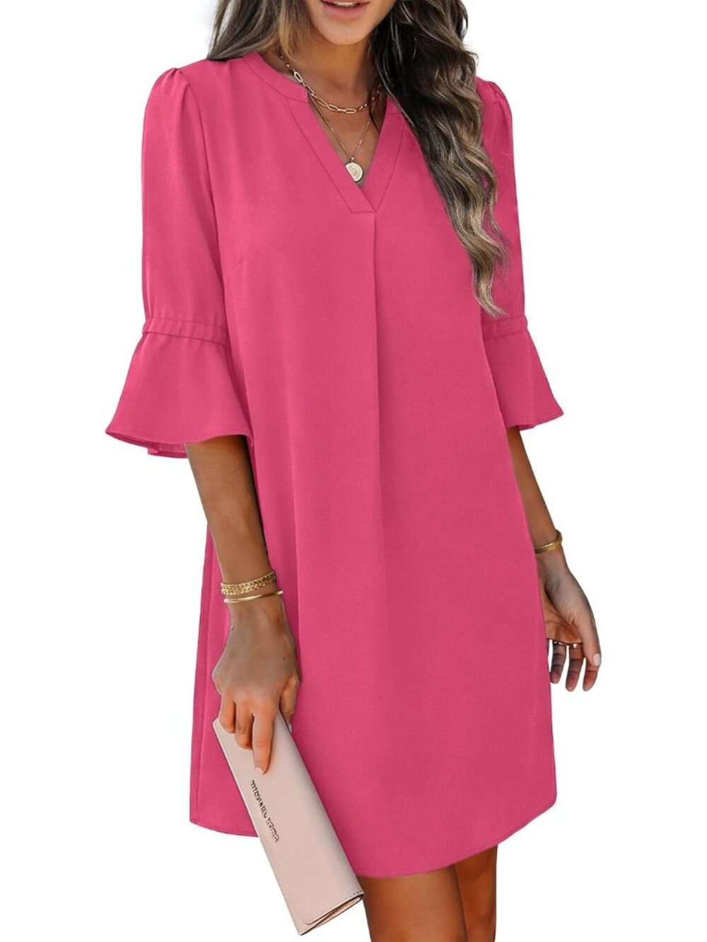 〽️Women's Rose Floral V Neck Shift Dress Ruffle Sleeve Pocket Summer Sundress